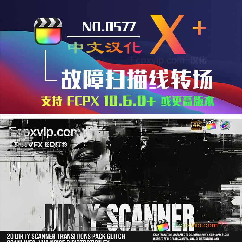 Final Cut Pro中文FCPX插件：数字故障扫描线VHS噪点扭曲帧移失真效果  Dirty Scanner Transitions Pack HQ0577