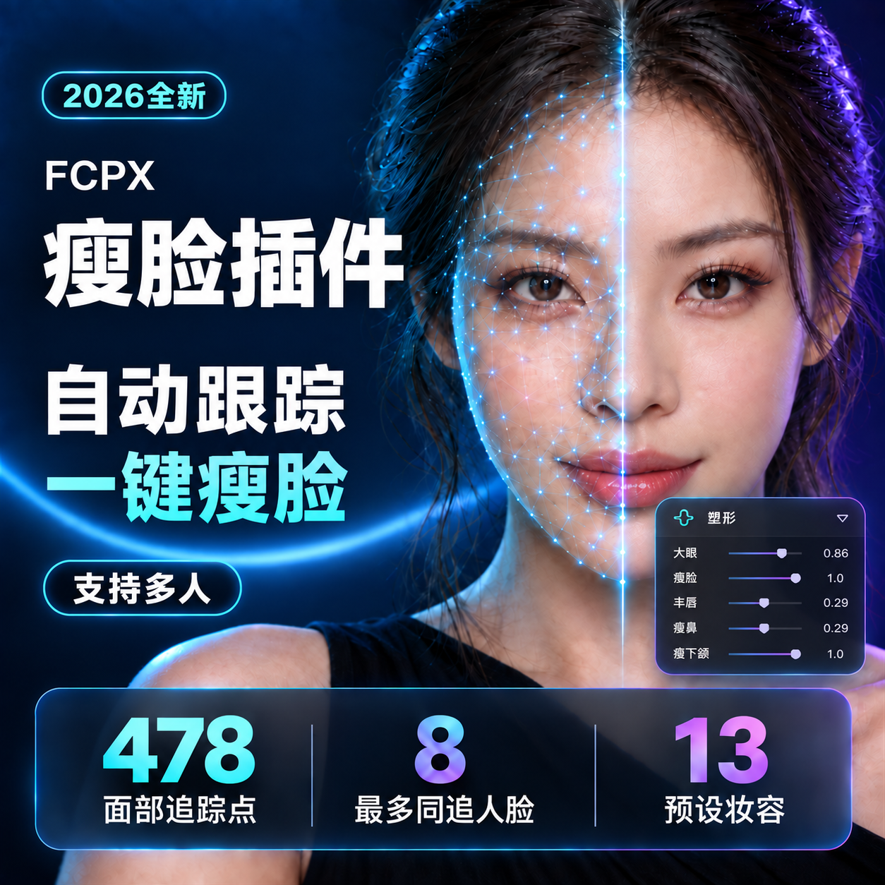 全汉化@FCPX插件瘦脸跟踪美颜智能面部捕捉自动磨皮美白美妆大眼人像精修 Face Tracker HQ0663+0664